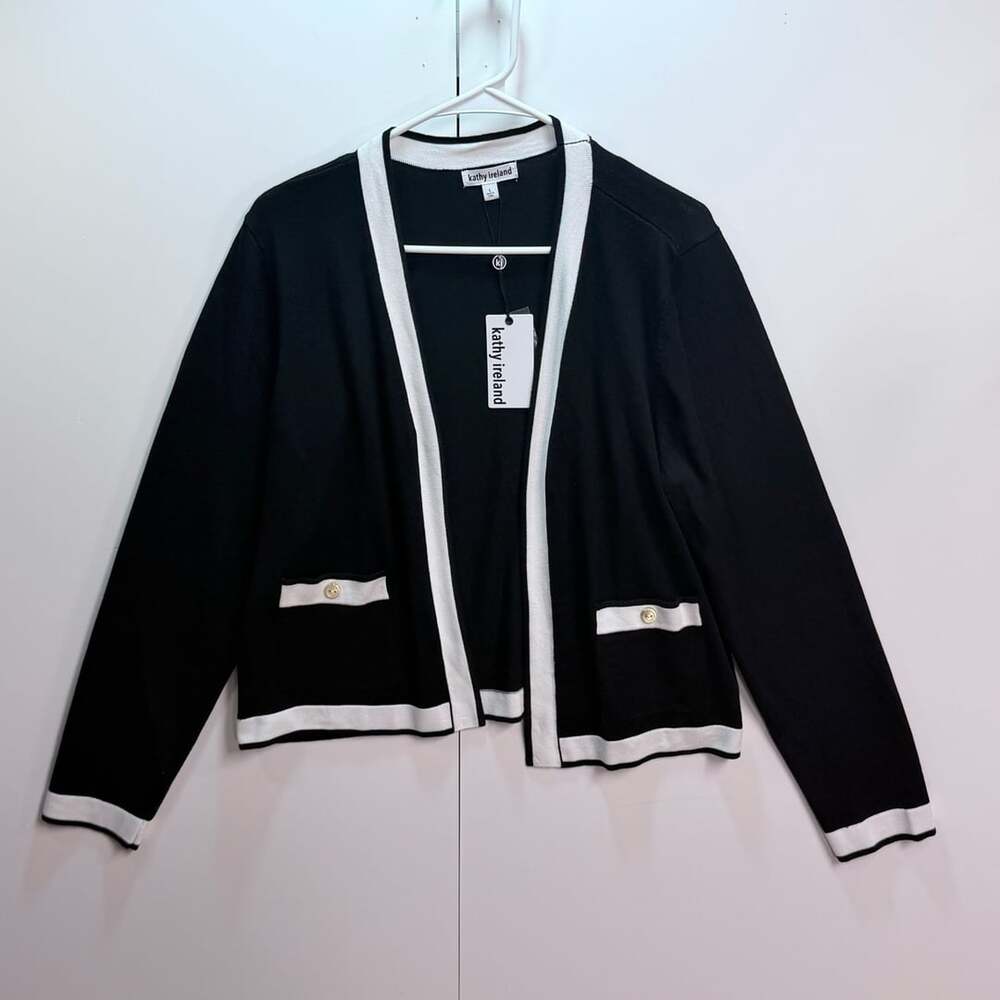 Kathy Ireland Black White Contrast Trim Open Front Cardigan Size L